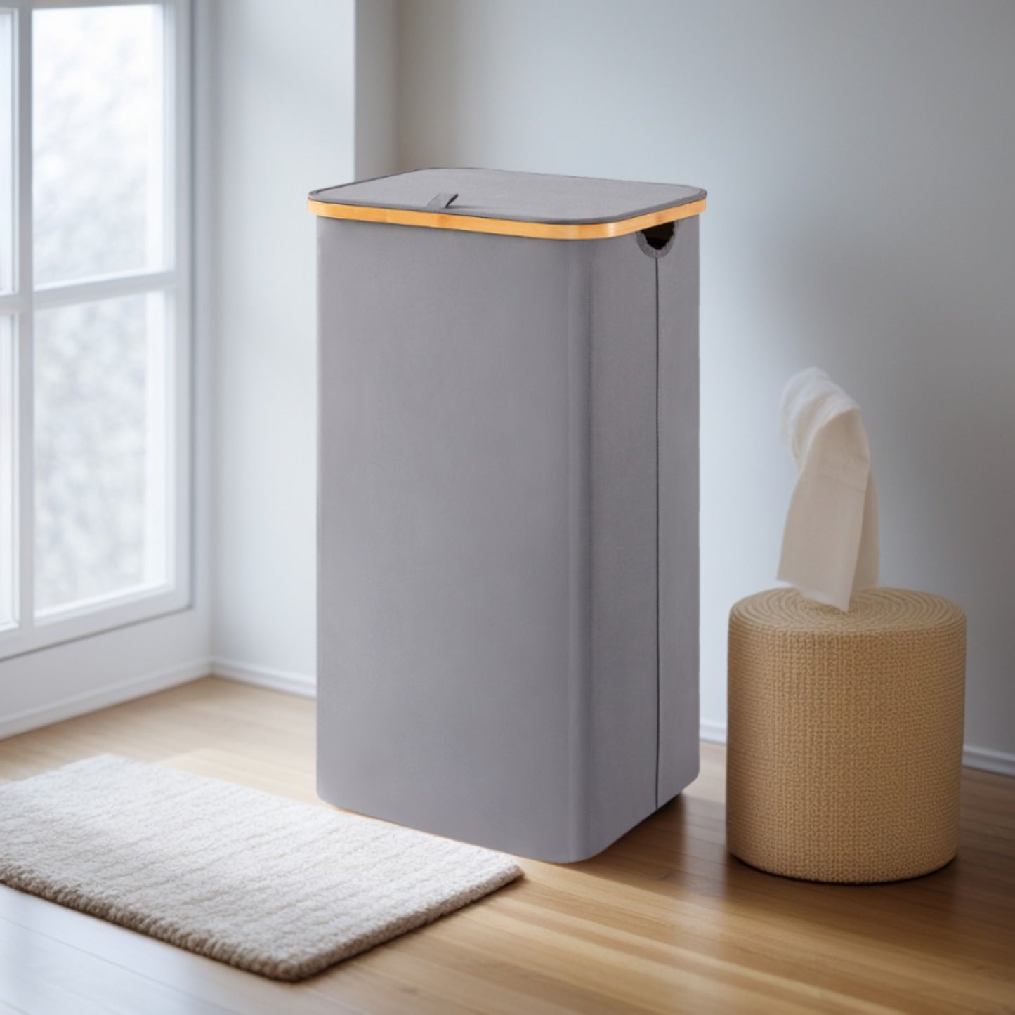 Large Foldable Laundry Hamper with Lid and Bamboo Handles – 100L Clothes Basket with Removable Bag, Odor-Blocking Lid, and Collapsible Design for Home Organization