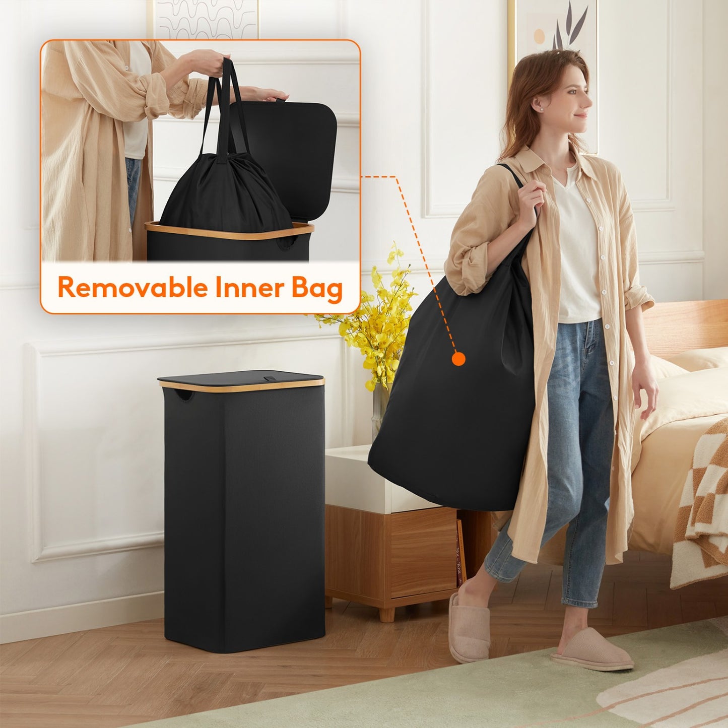 Large Foldable Laundry Hamper with Lid and Bamboo Handles – 100L Clothes Basket with Removable Bag, Odor-Blocking Lid, and Collapsible Design for Home Organization