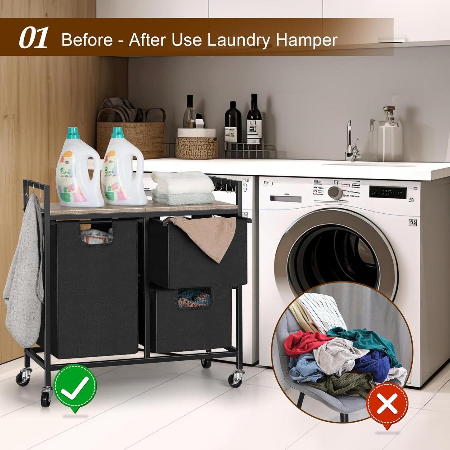 3-Compartment Rolling Laundry Sorter with Removable Bags and Top Shelf – Heavy-Duty Metal Frame, Space-Saving Hamper for Bathroom, Laundry Room, or Dorm