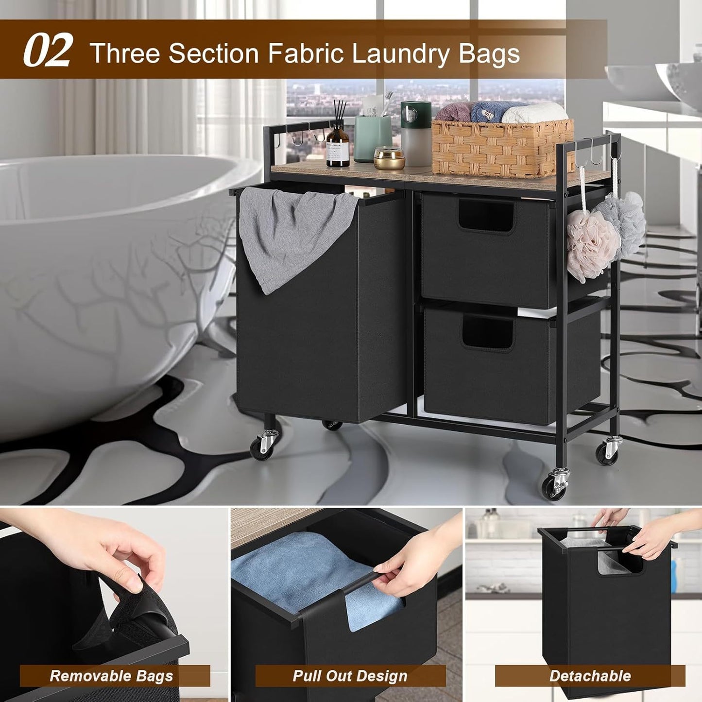 3-Compartment Rolling Laundry Sorter with Removable Bags and Top Shelf – Heavy-Duty Metal Frame, Space-Saving Hamper for Bathroom, Laundry Room, or Dorm