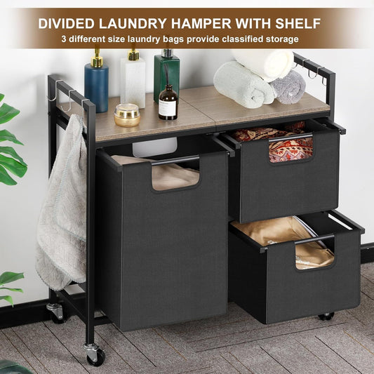 3-Compartment Rolling Laundry Sorter with Removable Bags and Top Shelf – Heavy-Duty Metal Frame, Space-Saving Hamper for Bathroom, Laundry Room, or Dorm