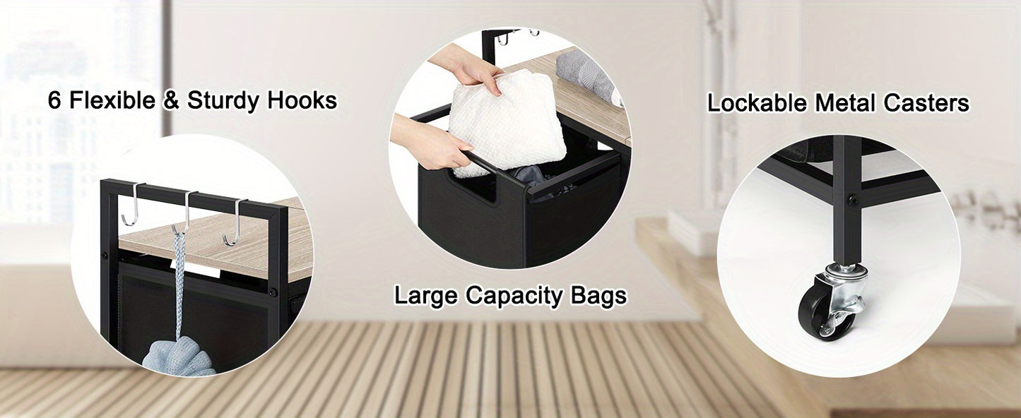 3-Compartment Rolling Laundry Sorter with Removable Bags and Top Shelf – Heavy-Duty Metal Frame, Space-Saving Hamper for Bathroom, Laundry Room, or Dorm