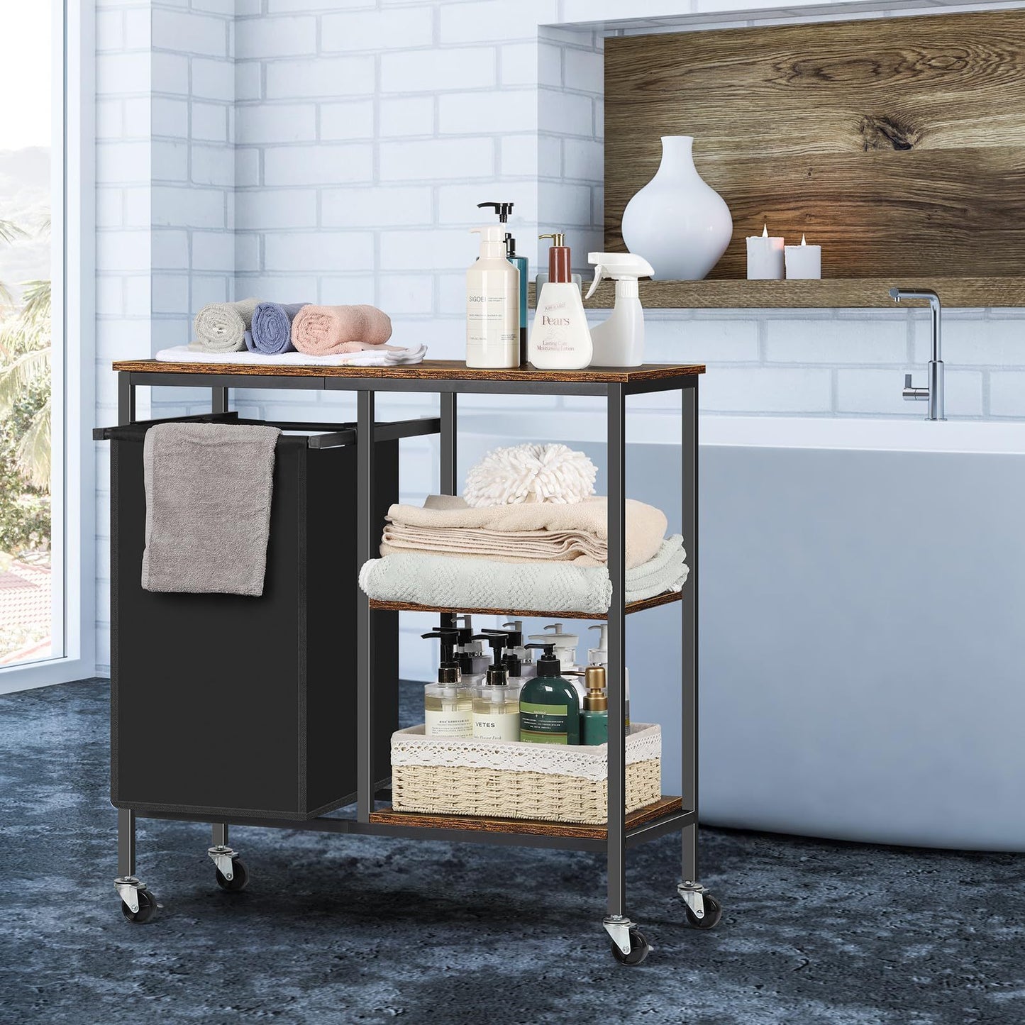 Laundry Basket with Wheels and Shelves – 45L Pull-Out Hamper with Storage Rack for Laundry Room, Bathroom & Bedroom