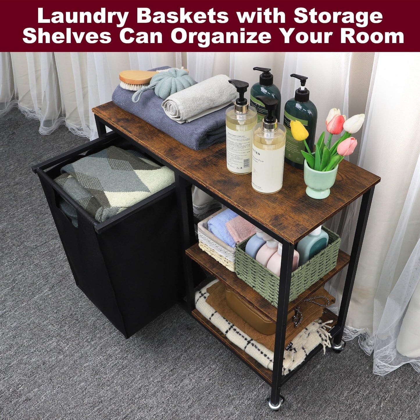 Laundry Basket with Wheels and Shelves – 45L Pull-Out Hamper with Storage Rack for Laundry Room, Bathroom & Bedroom