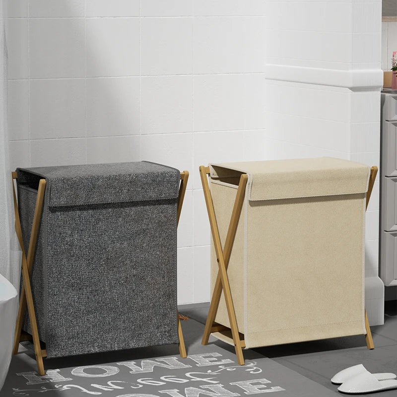 Foldable Bamboo Laundry Hamper with Lid – Dirty Clothes Organizer with Handles for Home, Hotel & Storage Use