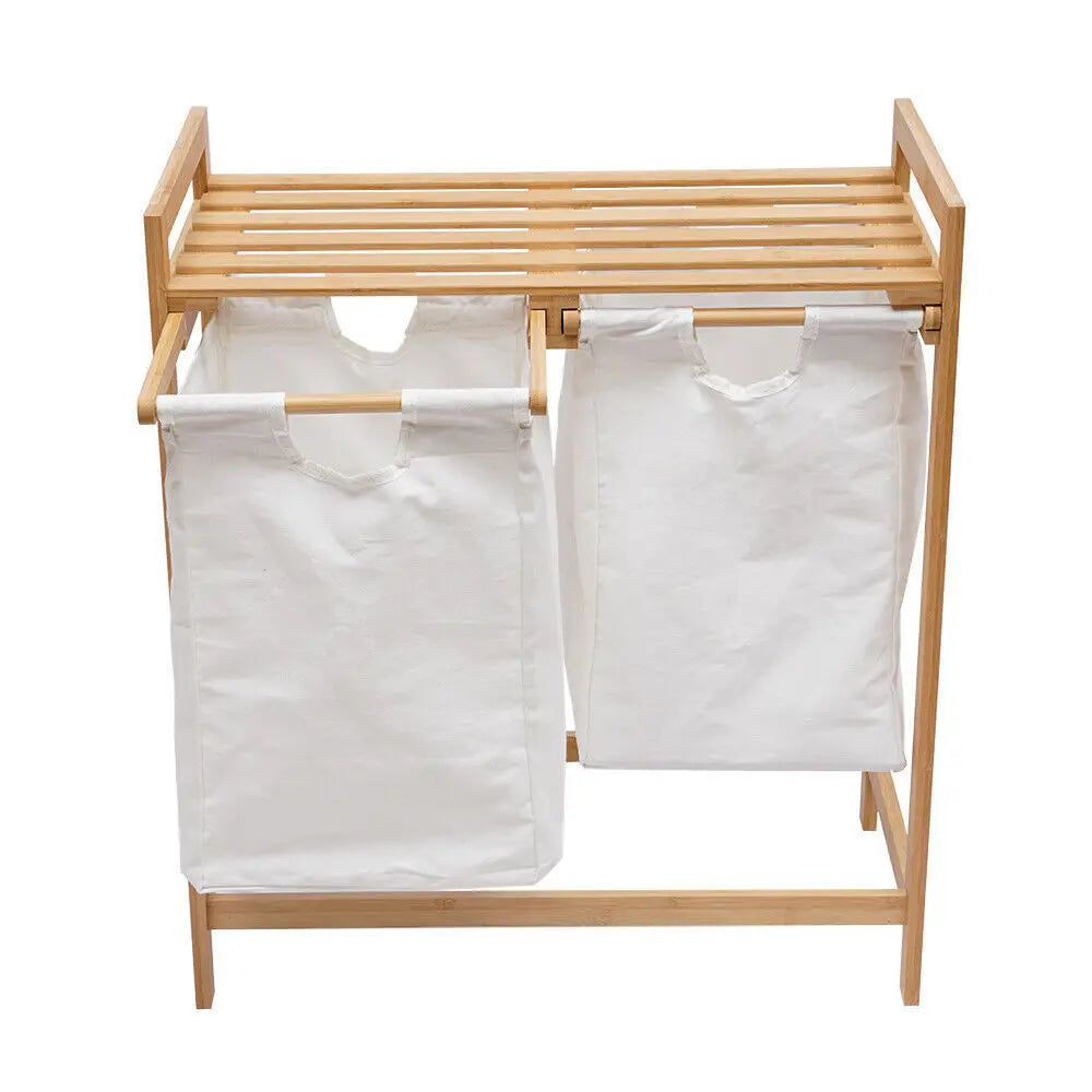Bamboo Frame Laundry Hamper with Dual Removable Bags – 2-Section Clothes Sorter with Storage Shelf