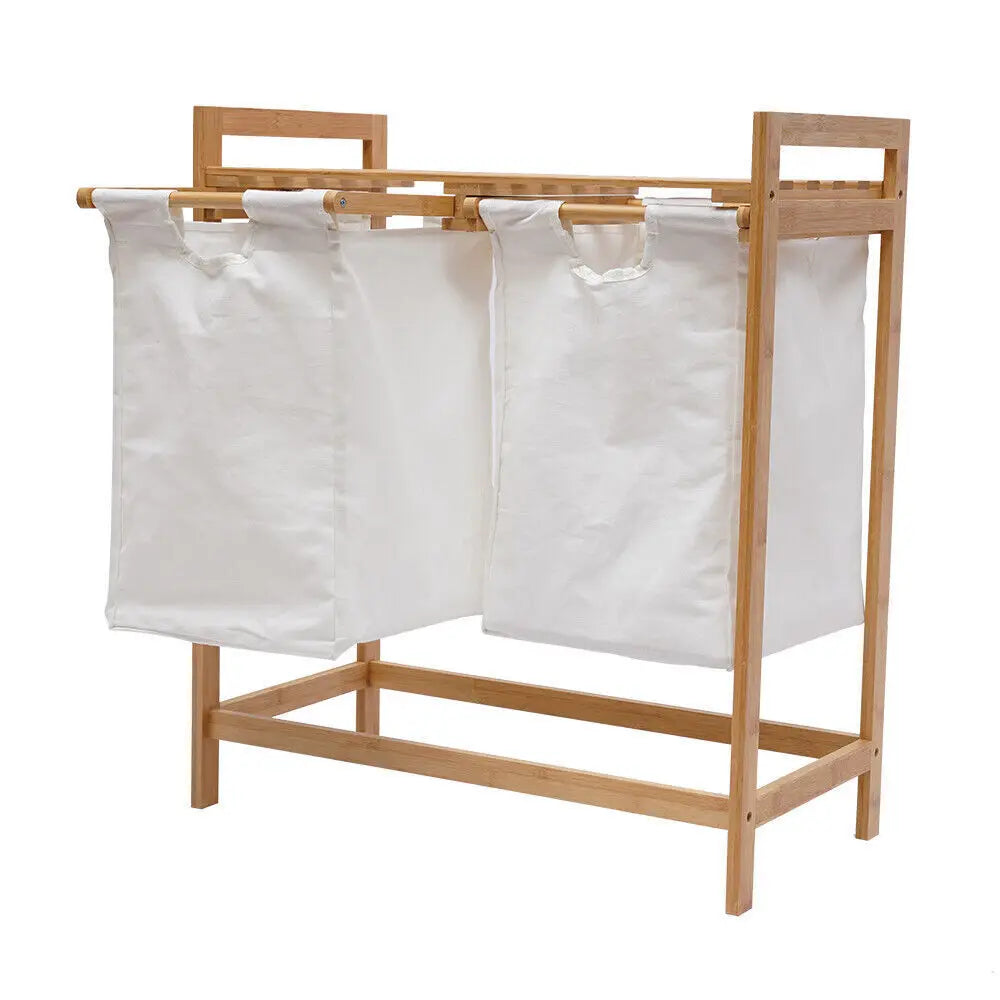 Bamboo Frame Laundry Hamper with Dual Removable Bags – 2-Section Clothes Sorter with Storage Shelf