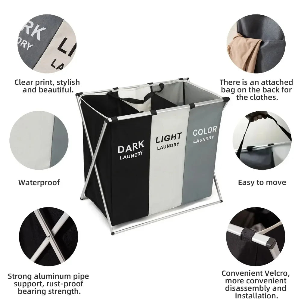 Collapsible 3-Section Laundry Hamper with Handles – Large Capacity, Foldable, Durable & Eco-Friendly Laundry Sorter for Home, Dorm & College