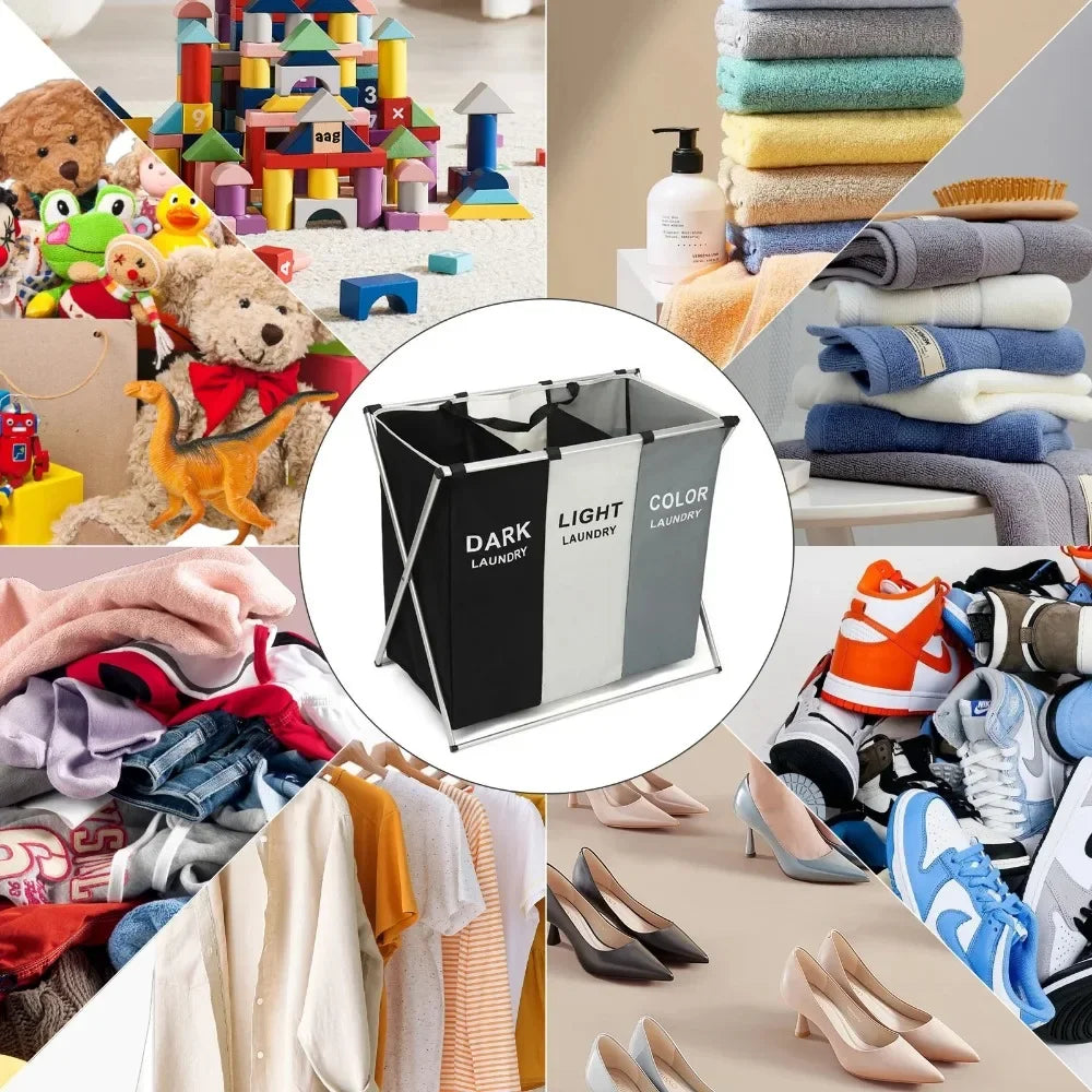 Collapsible 3-Section Laundry Hamper with Handles – Large Capacity, Foldable, Durable & Eco-Friendly Laundry Sorter for Home, Dorm & College