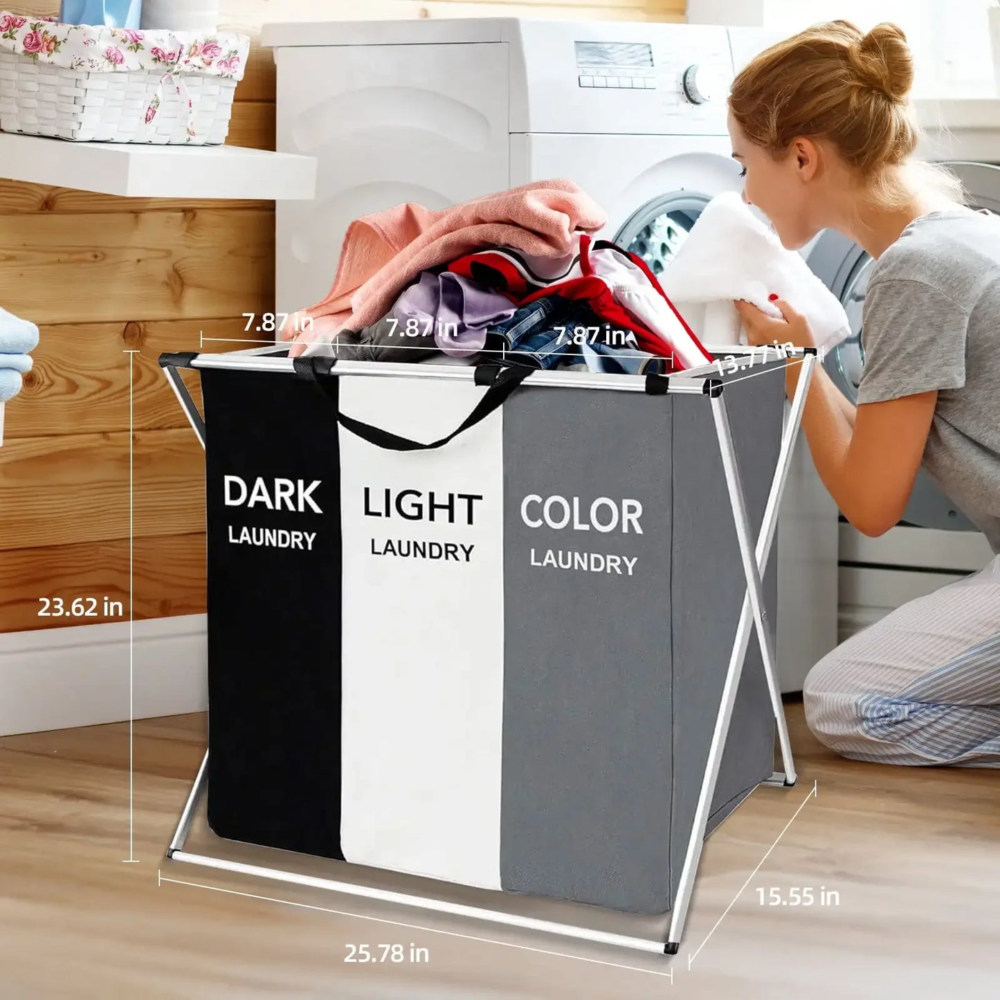 Collapsible 3-Section Laundry Hamper with Handles – Large Capacity, Foldable, Durable & Eco-Friendly Laundry Sorter for Home, Dorm & College