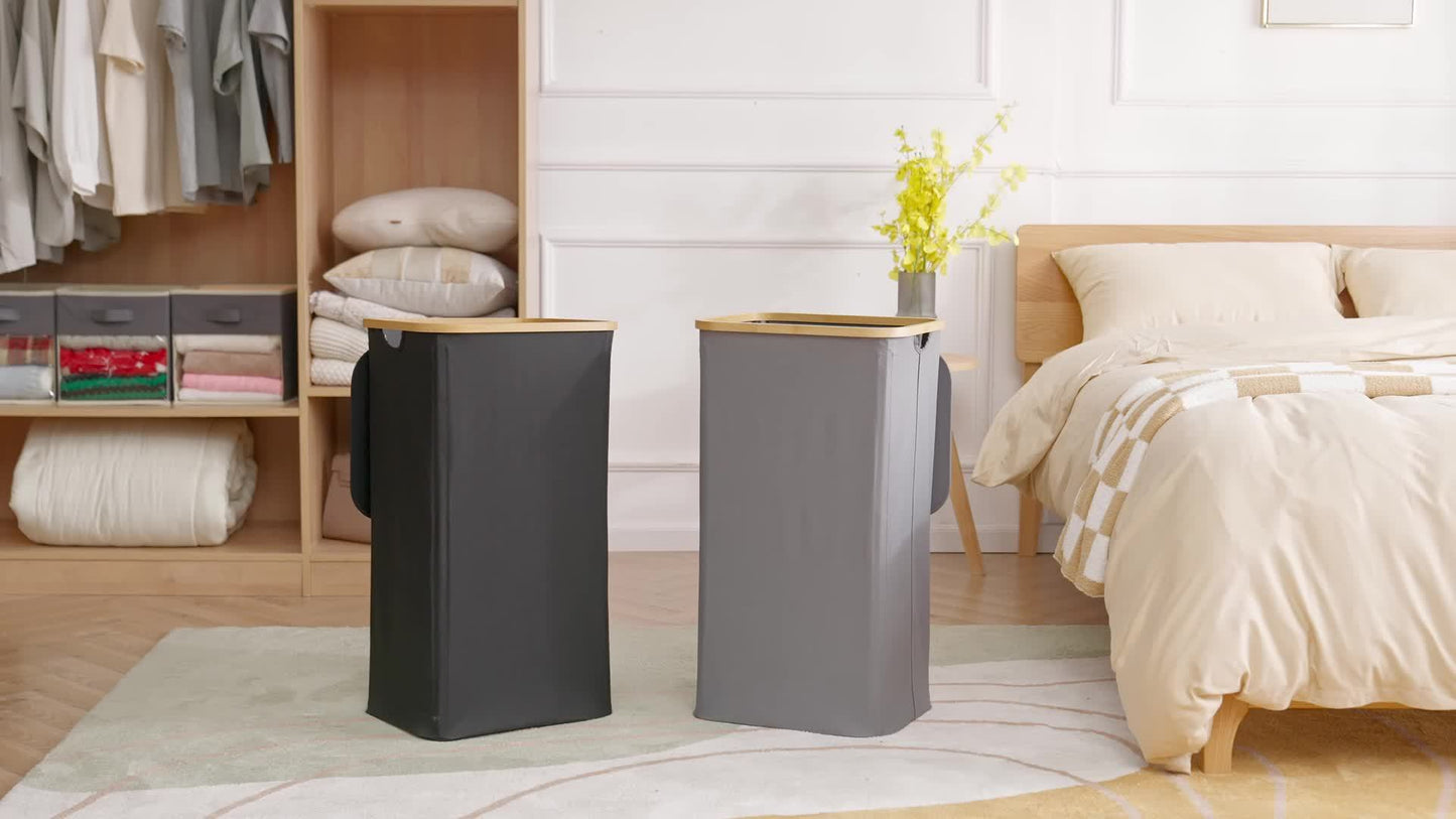 Large Foldable Laundry Hamper with Lid and Bamboo Handles – 100L Clothes Basket with Removable Bag, Odor-Blocking Lid, and Collapsible Design for Home Organization