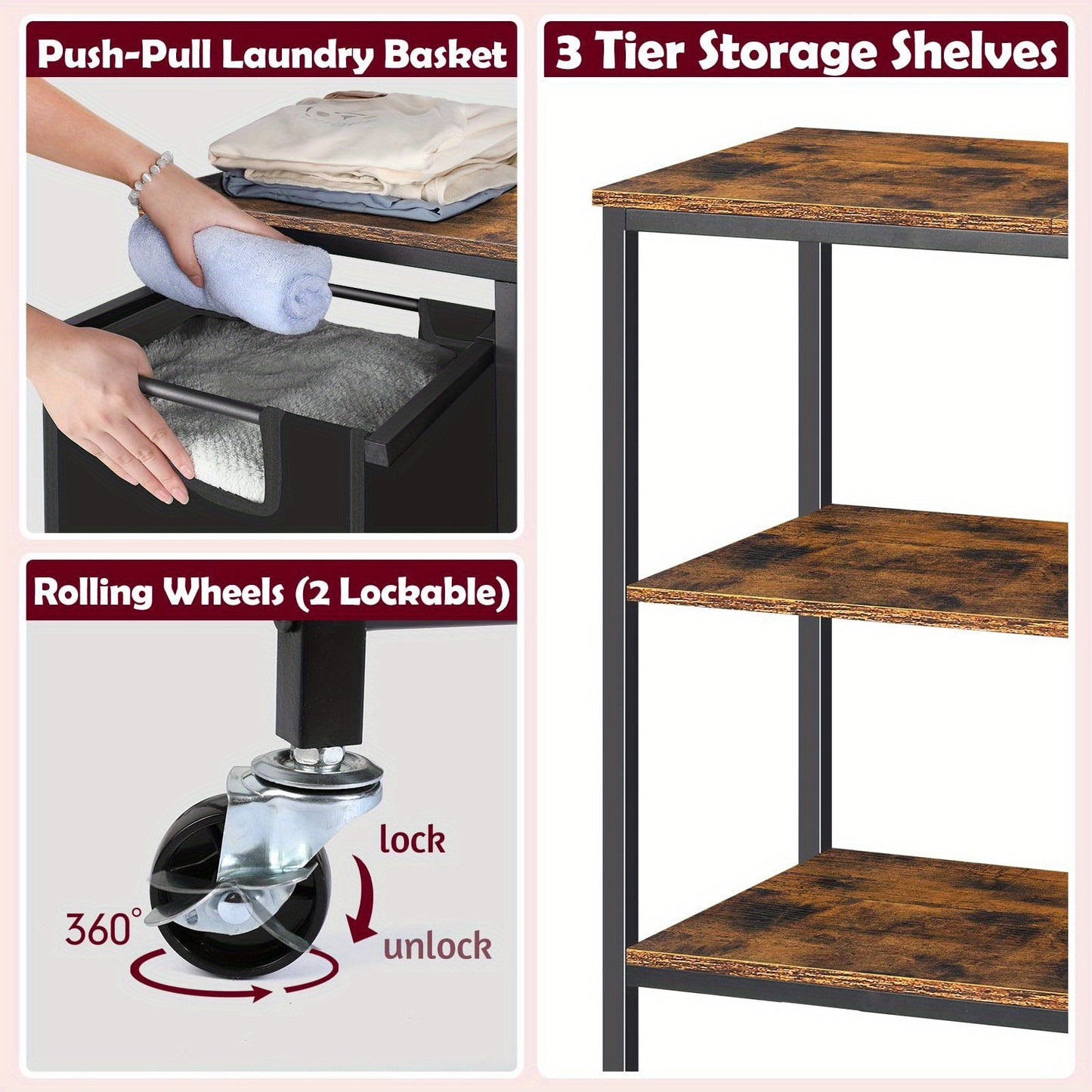 Laundry Basket with Wheels and Shelves – 45L Pull-Out Hamper with Storage Rack for Laundry Room, Bathroom & Bedroom