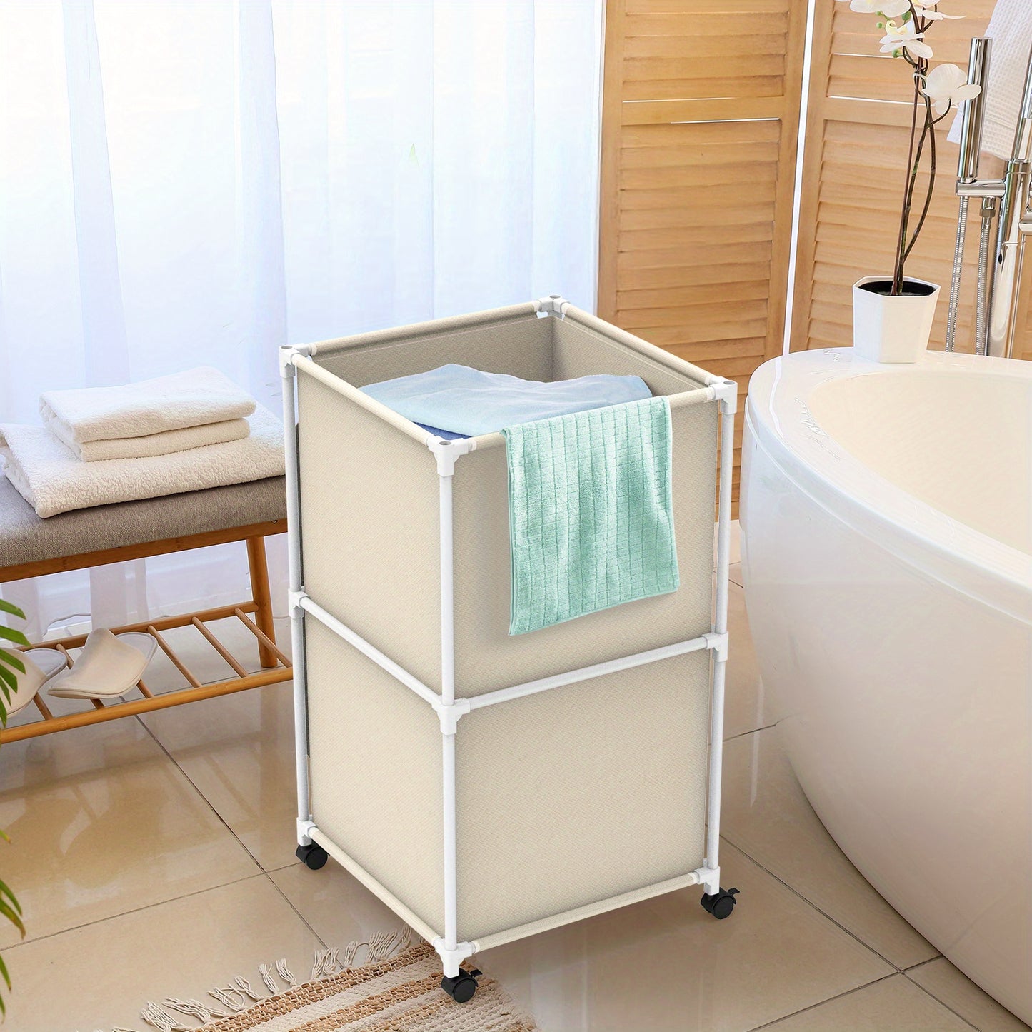 Ebeneze Rolling Laundry Hamper with Lid – Large Capacity Fabric Hamper with Wheels & Metal Frame for Bedroom, Bathroom & Laundry Room
