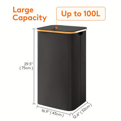 Large Foldable Laundry Hamper with Lid and Bamboo Handles – 100L Clothes Basket with Removable Bag, Odor-Blocking Lid, and Collapsible Design for Home Organization