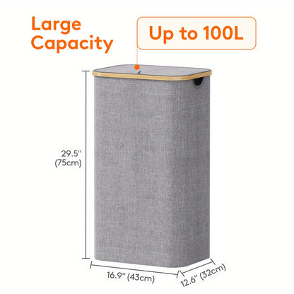 Large Foldable Laundry Hamper with Lid and Bamboo Handles – 100L Clothes Basket with Removable Bag, Odor-Blocking Lid, and Collapsible Design for Home Organization