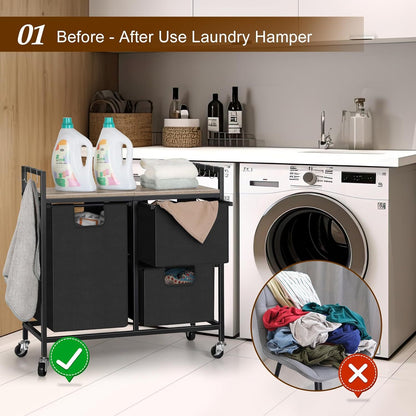 3-Compartment Rolling Laundry Sorter with Removable Bags and Top Shelf – Heavy-Duty Metal Frame, Space-Saving Hamper for Bathroom, Laundry Room, or Dorm