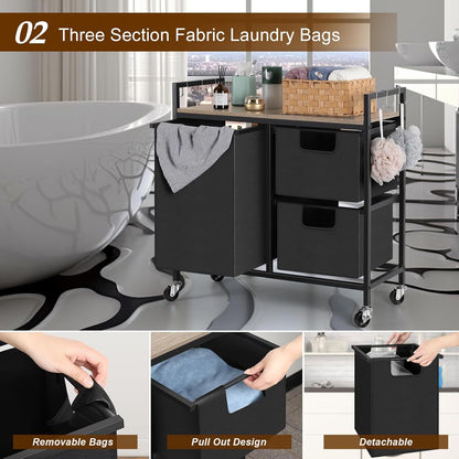 3-Compartment Rolling Laundry Sorter with Removable Bags and Top Shelf – Heavy-Duty Metal Frame, Space-Saving Hamper for Bathroom, Laundry Room, or Dorm