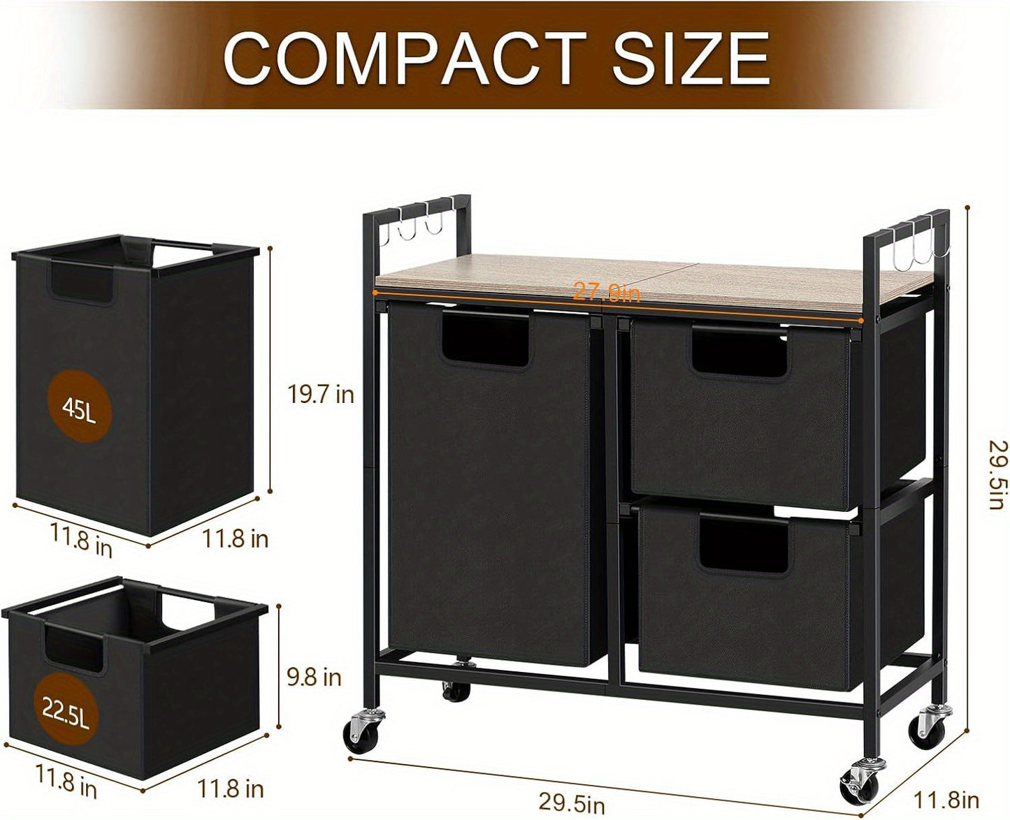 3-Compartment Rolling Laundry Sorter with Removable Bags and Top Shelf – Heavy-Duty Metal Frame, Space-Saving Hamper for Bathroom, Laundry Room, or Dorm
