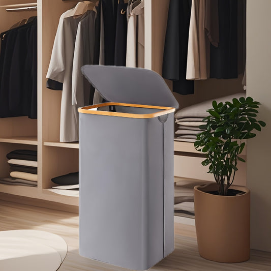 Large Foldable Laundry Hamper with Lid and Bamboo Handles – 100L Clothes Basket with Removable Bag, Odor-Blocking Lid, and Collapsible Design for Home Organization