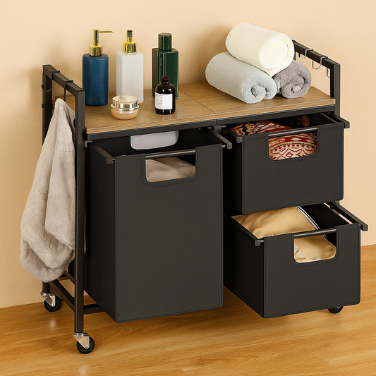 3-Compartment Rolling Laundry Sorter with Removable Bags and Top Shelf – Heavy-Duty Metal Frame, Space-Saving Hamper for Bathroom, Laundry Room, or Dorm