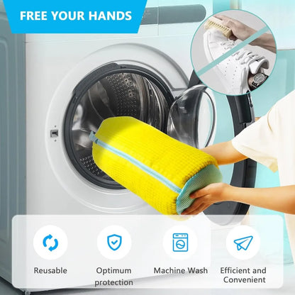 Durable Shoe Laundry Bag – Washable Mesh Bag for Sneakers & Casual Shoes, Yellow with Blue Zipper