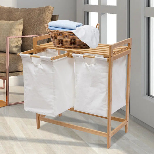 Bamboo Frame Laundry Hamper with Dual Removable Bags – 2-Section Clothes Sorter with Storage Shelf