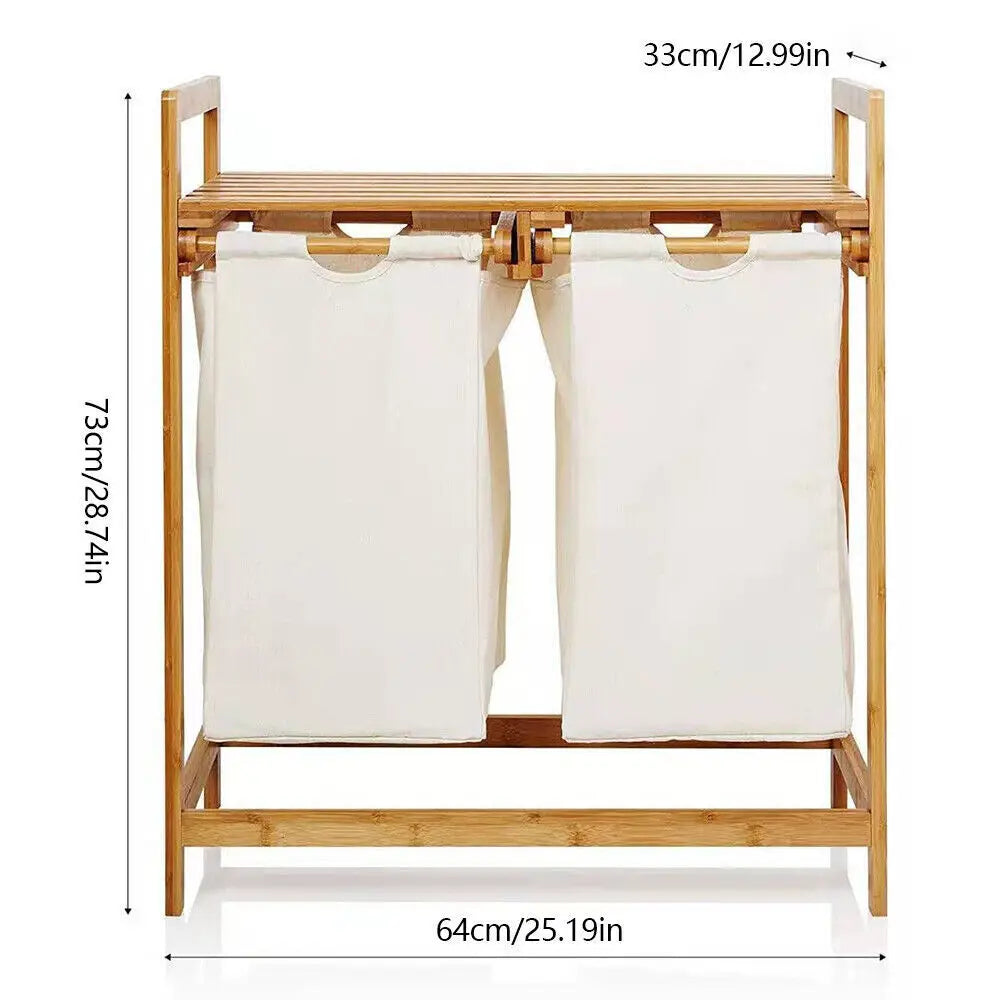 Bamboo Frame Laundry Hamper with Dual Removable Bags – 2-Section Clothes Sorter with Storage Shelf