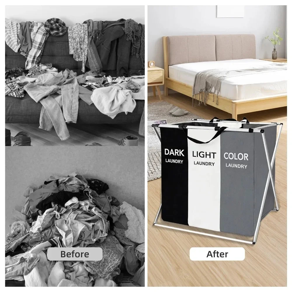 Collapsible 3-Section Laundry Hamper with Handles – Large Capacity, Foldable, Durable & Eco-Friendly Laundry Sorter for Home, Dorm & College