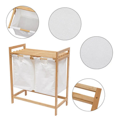 Bamboo Frame Laundry Hamper with Dual Removable Bags – 2-Section Clothes Sorter with Storage Shelf