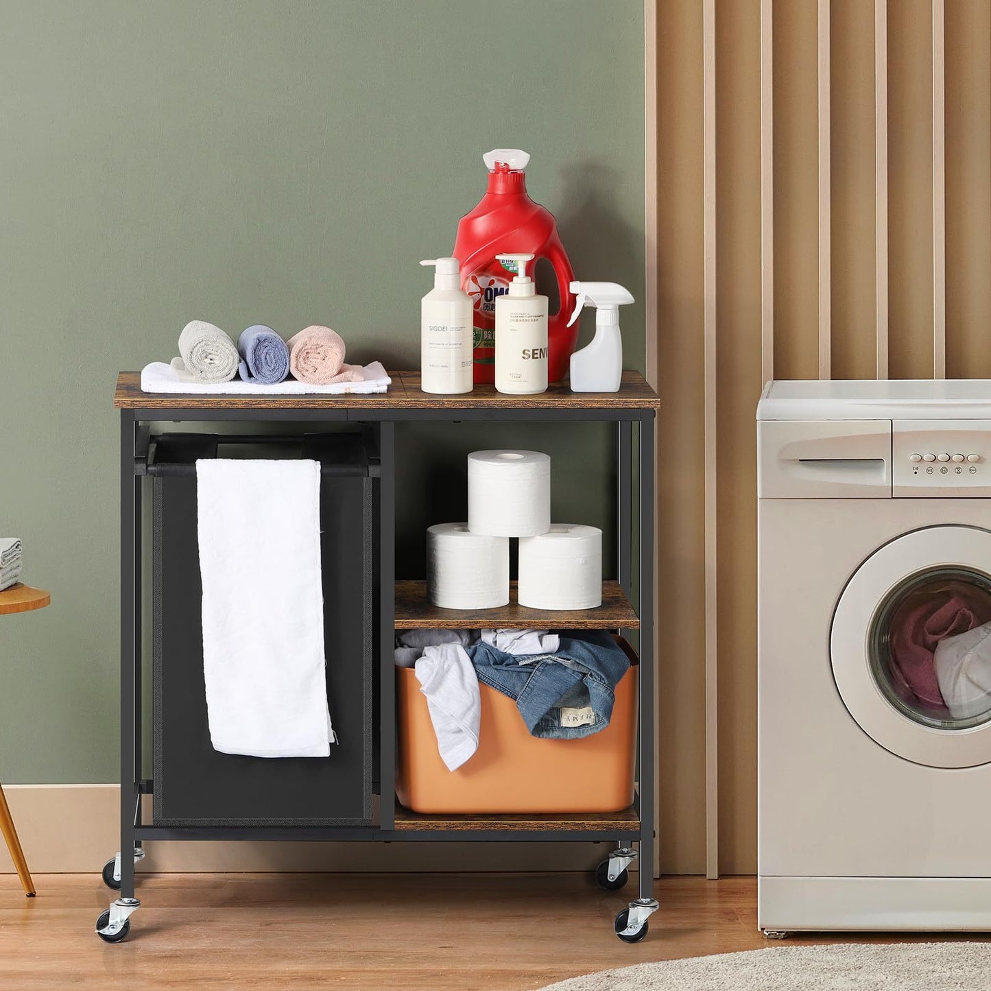 Laundry Basket with Wheels and Shelves – 45L Pull-Out Hamper with Storage Rack for Laundry Room, Bathroom & Bedroom